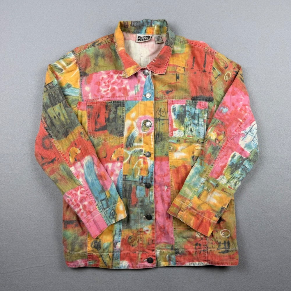 Vintage Chico's Design Women 1 Multicolor Abstract Art Print Linen Blend Jacket